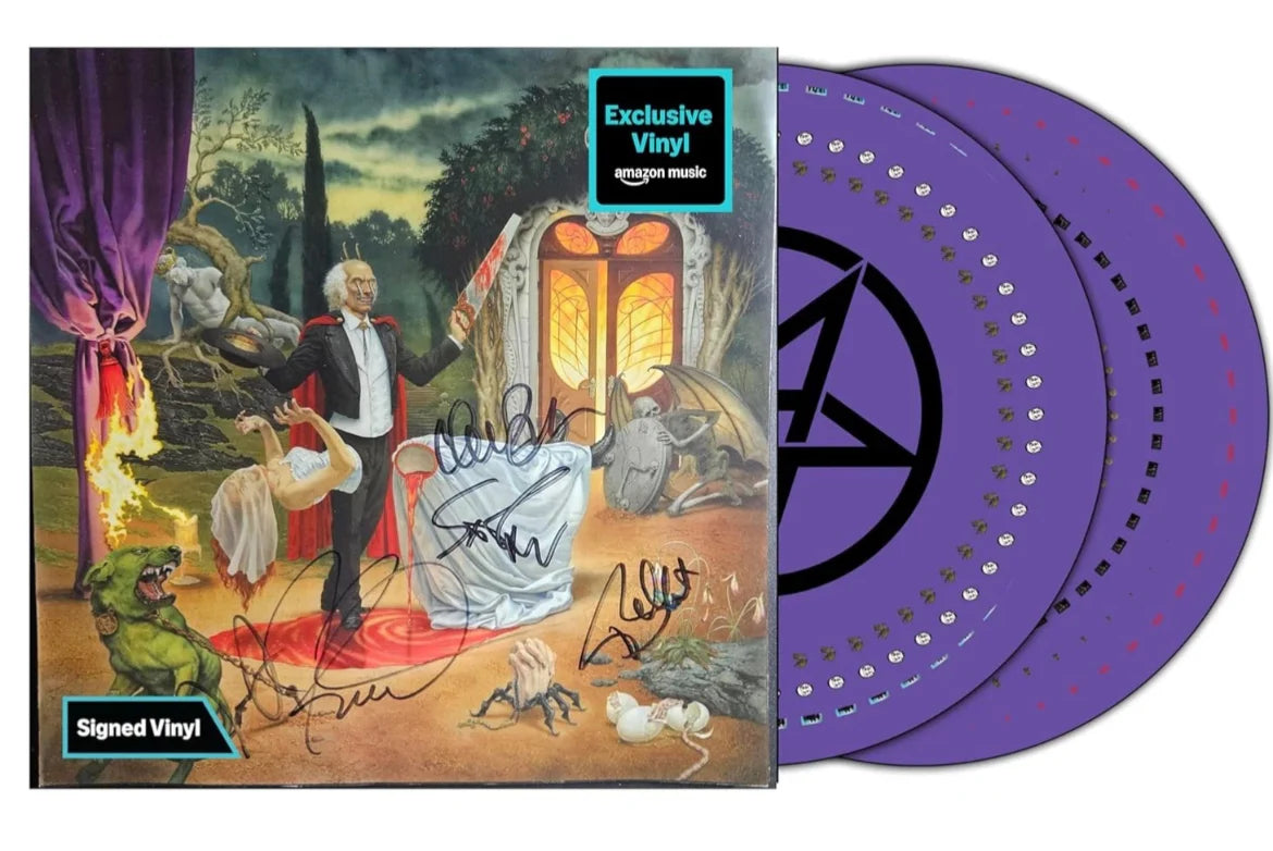 Anthrax Cursum Perficio 2xLP purple vinyl record with band signature, featuring full band signed collectible album artwork.