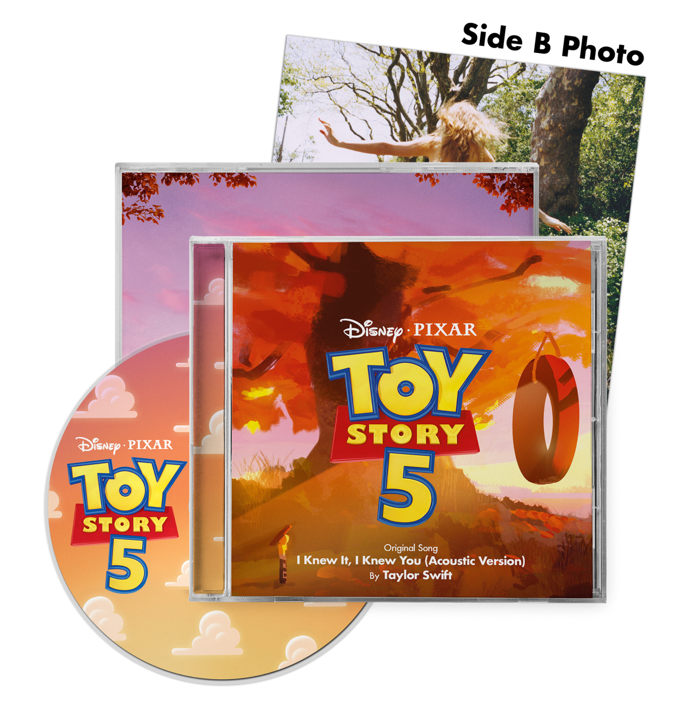 Taylor Swift x Toy Story 5 "I Knew It, I Knew You" 3-CD collector set, featuring colorful packaging and three CDs inside.