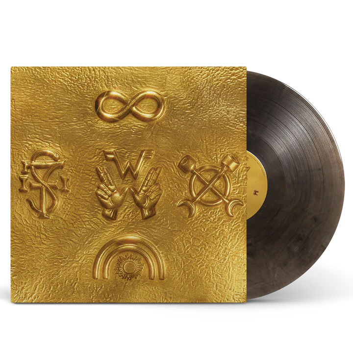 Weezer Artifact WZR.004 black gold vinyl LP with signed art card, featuring album artwork and collectible signed insert.