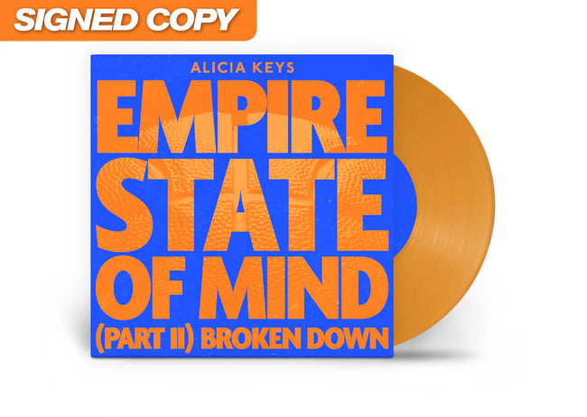 Alicia Keys vinyl record titled "Empire State of Mind (Part II) Broken Down" Fan Edition 7-inch signed album, showing the record and cover.