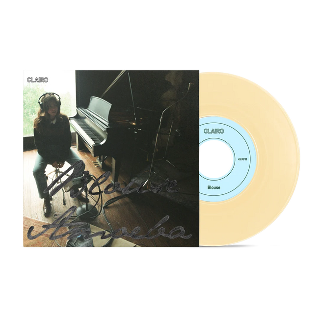 Cream-colored vinyl record of Clairo's Amoeba Blouse album, limited edition 7-inch sling record by Records on Records.