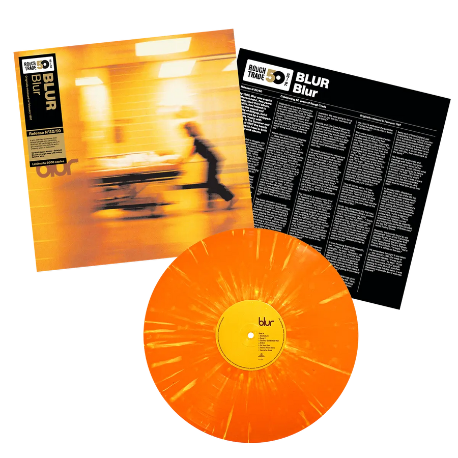 Blur LP vinyl record with orange and yellow splatter design, celebrating the 50th Anniversary, featuring the band's signature album artwork.