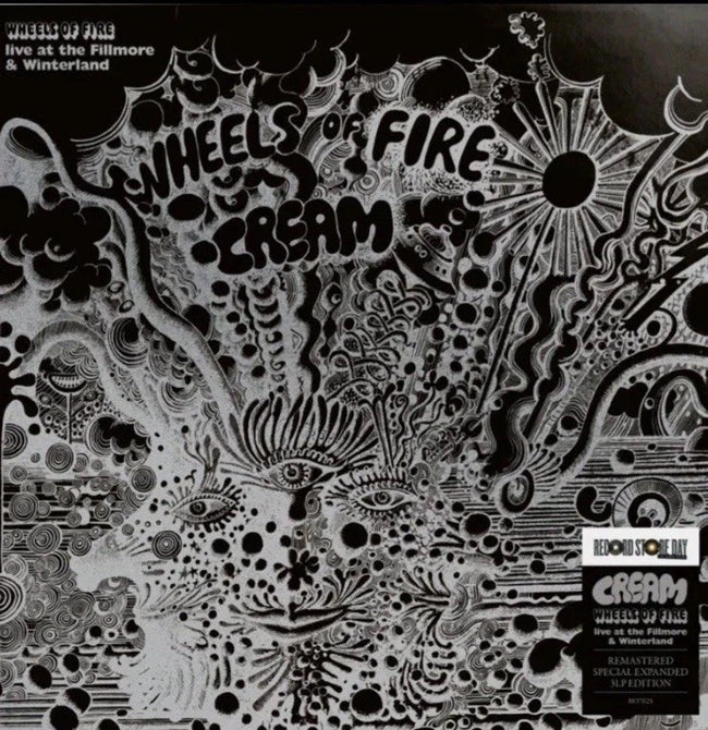 Cream Wheels of Fire vinyl record by Cream, showing the album cover with vibrant artwork and the 3LP packaging.