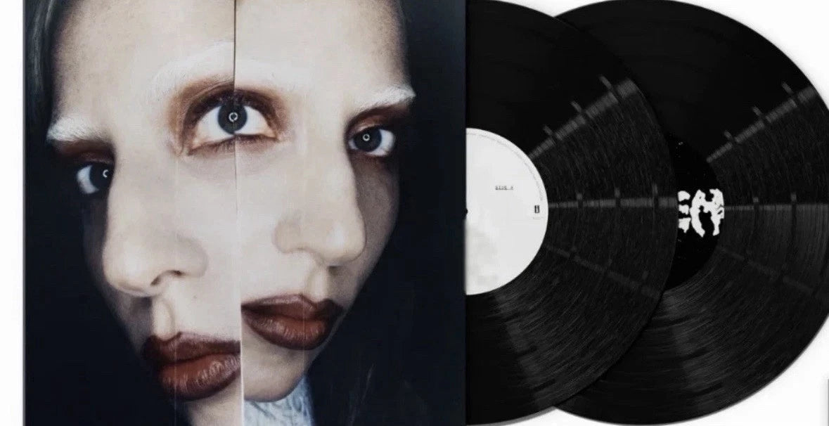 Lady Gaga Mayhem 180g vinyl LP with exclusive cover and signed alt poster, featuring colorful album artwork and record label details.