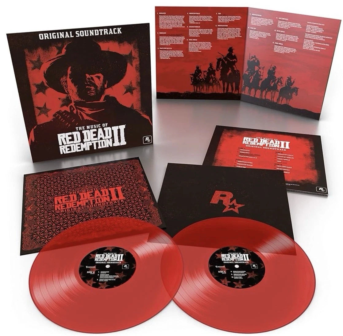 Red Dead Redemption 2 soundtrack vinyl record by Rockstar Games, translucent red 2xLP with album cover artwork.