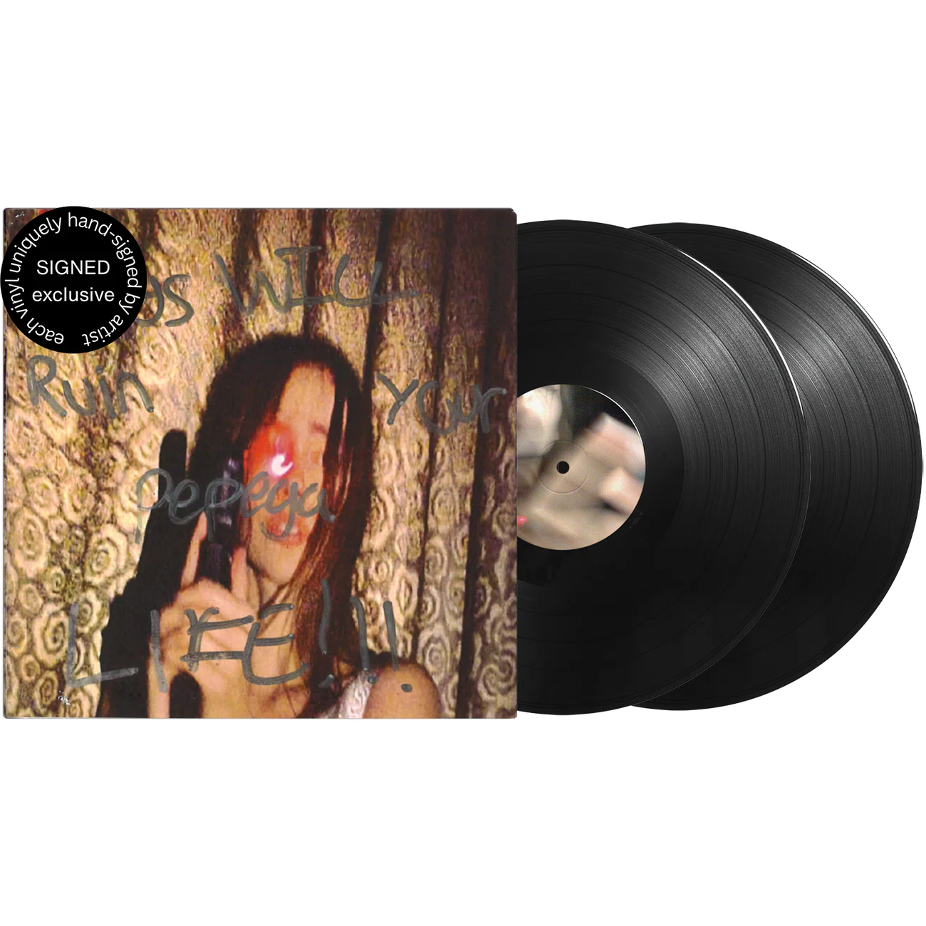 Close-up of Fakemink Terrified Signed 2LP vinyl record on a TV screen, showcasing album cover art and signed inscription.