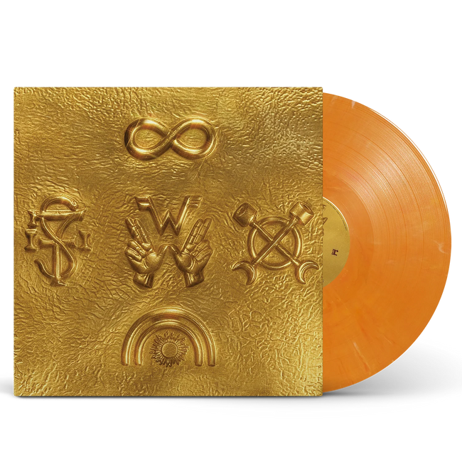 Weezer Fool’s Gold vinyl LP with signed art card, featuring colorful album cover and record inside a protective sleeve.