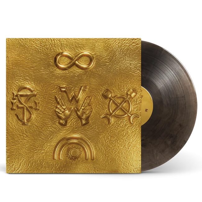 Black gold vinyl LP of Weezer's Artifact WZR.004 with a signed art card, displayed on a white background.